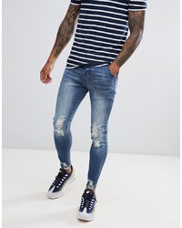 Siksilk Skinny Fit Jagged Hem Jeans In Washed Blue
