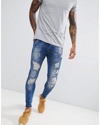 Siksilk Skinny Fit Low Rise Jeans With Paint Splat In Dark Blue