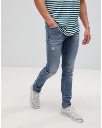 ASOS DESIGN Skinny Jeans In Dark Wash Blue With Abrasions