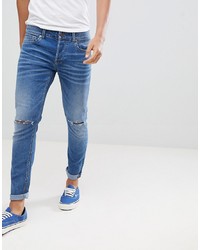 ONLY & SONS Skinny Jeans In Washed Denim With Knee Rip