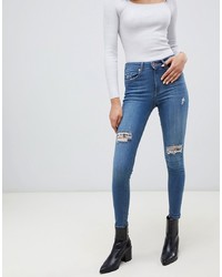 Miss Selfridge Skinny Jeans With Distressed Rips In Mid Wash