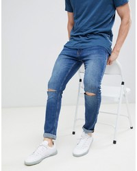 Jack & Jones Skinny Jeans With Rip Knee In Mid Blue Denim