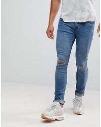 Hoxton Denim Super Skinny Jeans In Mid Blue With Unrolled Hem