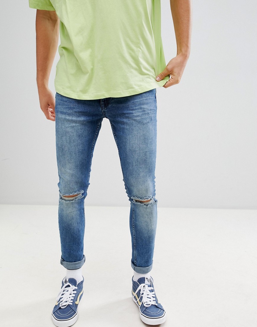 Timely palm jury YOURTURN Super Skinny Jeans With Knee Rips In Midwash Blue, $16 | Asos |  Lookastic