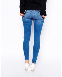 Asos Tall High Waist Ultra Skinny Jeans In Busted Mid Wash Blue With Busted Knees
