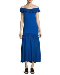 Blue Ruffle Chiffon Off Shoulder Dress