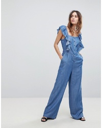 Current Air Denim Jumpsuit With Ruffle Sleeve