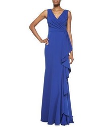 Badgley Mischka Faux Wrap Ruffle Front Gown Electric Blue