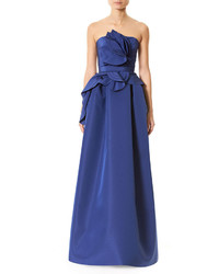 Carolina Herrera Strapless Silk Faille Ruffle Front Gown Blue