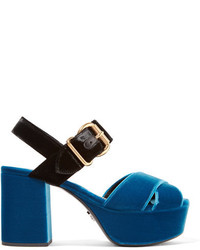 Prada Two Tone Velvet Platform Sandals Cobalt Blue