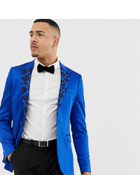 ASOS DESIGN Tall Skinny Blazer In Blue Satin With Jacquard Lapel