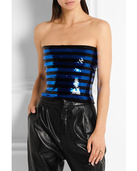 Saint Laurent Cropped Sequined Jersey Top Blue