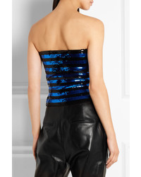 Saint Laurent Cropped Sequined Jersey Top Blue