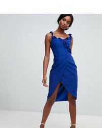 Chi Chi London Tall Wrap Pencil Dress With Frill Detail In Cobalt