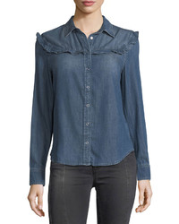 AG Jeans Ag Joanna Spread Collar Snap Denim Shirt W Ruffles