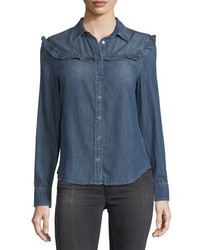 AG Jeans Ag Joanna Spread Collar Snap Denim Shirt W Ruffles