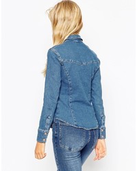 Asos Denim Fitted Western Shirt In Mid Wash Blue