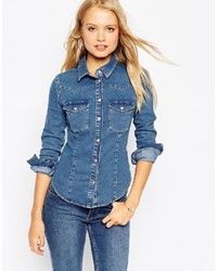 Asos Denim Fitted Western Shirt In Mid Wash Blue