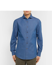 Brunello Cucinelli Slim Fit Cutaway Collar Cotton Chambray Shirt