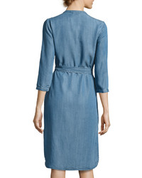 Neiman Marcus Ruffled Long Sleeve Chambray Shirtdress Medium Blue