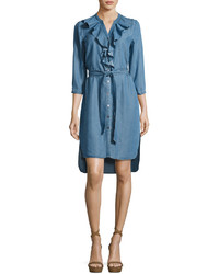 Neiman Marcus Ruffled Long Sleeve Chambray Shirtdress Medium Blue