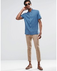 Asos Brand Shirt In Blue With Revere Collar And Short Sleeves