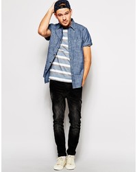 Asos Brand Chambray Shirt In Short Sleeve With 2 Pockets