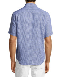 Neiman Marcus Short Sleeve Linen Micro Check Shirt Windsor Blue