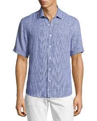 Neiman Marcus Short Sleeve Linen Micro Check Shirt Windsor Blue