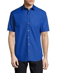 Armani Collezioni Solid Cotton Short Sleeve Shirt High Blue