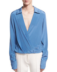 Diane von Furstenberg Long Sleeve Collared Crossover Bodice Silk Blouse