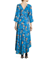 Diane von Furstenberg Long Sleeve Asymmetric Hem Silk Wrap Dress Blue