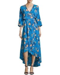 Diane von Furstenberg Long Sleeve Asymmetric Hem Silk Wrap Dress Blue