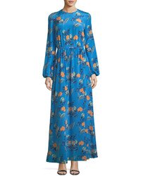 Diane von Furstenberg Long Sleeve Crewneck Floor Length Silk Dress