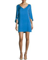 Milly V Neck Butterfly Sleeve Silk Crepe Dress Teal