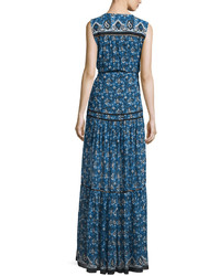 Veronica Beard Tecate Tiered Multipattern Maxi Dress Blue