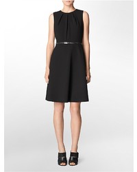 Calvin Klein Colorblock Pleated Neckline Belted Fit Flare Dress