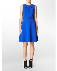 Calvin Klein Colorblock Pleated Neckline Belted Fit Flare Dress