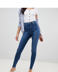 Asos Tall Asos Design Tall Ridley High Waist Skinny Jeans In Dark Stone Wash With Raw Hem Detail