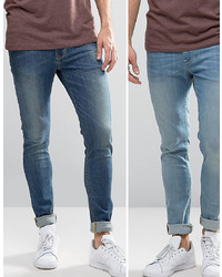 ASOS DESIGN Asos Super Skinny Jeans 2 Pack In Light Mid Blue Save