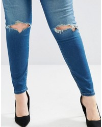 Asos Curve Curve High Waist Ridley Skinny Jeans In Mahogony Dark Wash With Rip