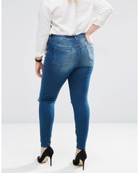 Asos Curve Curve High Waist Ridley Skinny Jeans In Mahogony Dark Wash With Rip