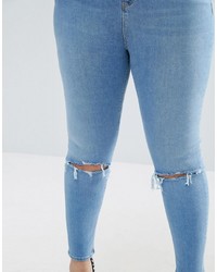 Asos Curve Curve High Waist Ridley Skinny Jeans In Mid Wash With Rips