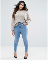 Asos Curve Curve High Waist Ridley Skinny Jeans In Mid Wash With Rips
