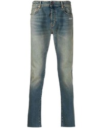 Off-White Distressed Diagonal Stripes Skinny Jeans