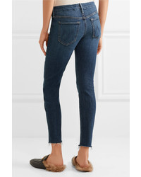 Mother Looker Cropped Frayed Mid Rise Skinny Jeans Dark Denim