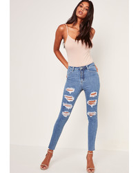 Missguided Blue Highwaisted Extreme Rip Skinny Jeans