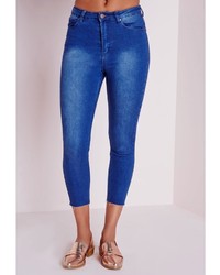 Missguided Cropped High Waist Raw Hem Skinny Jeans Antique Blue
