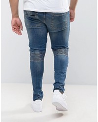 Asos Plus Super Skinny Jeans With Double Zip And Biker Details In Mid Blue Wash