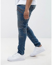 Asos Plus Super Skinny Jeans With Double Zip And Biker Details In Mid Blue Wash